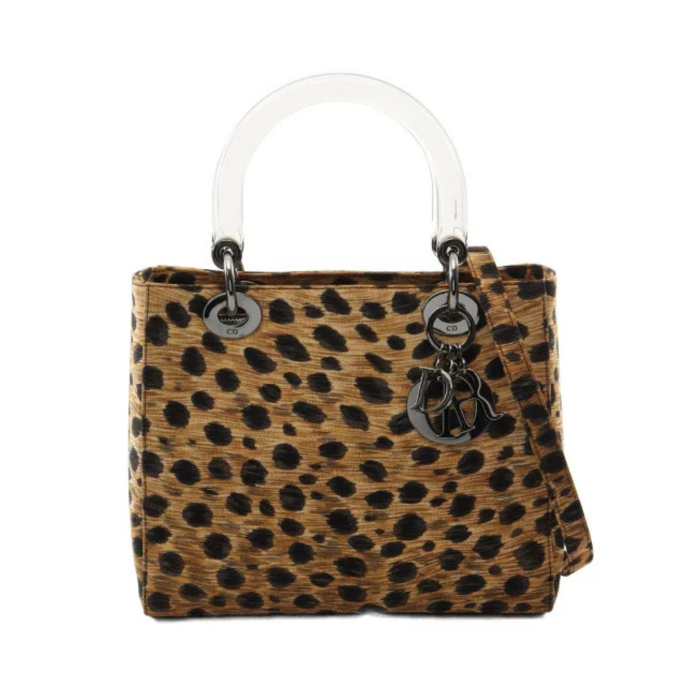 Christian Dior LADY Leopard Handbag Canvas Beige Cream Black